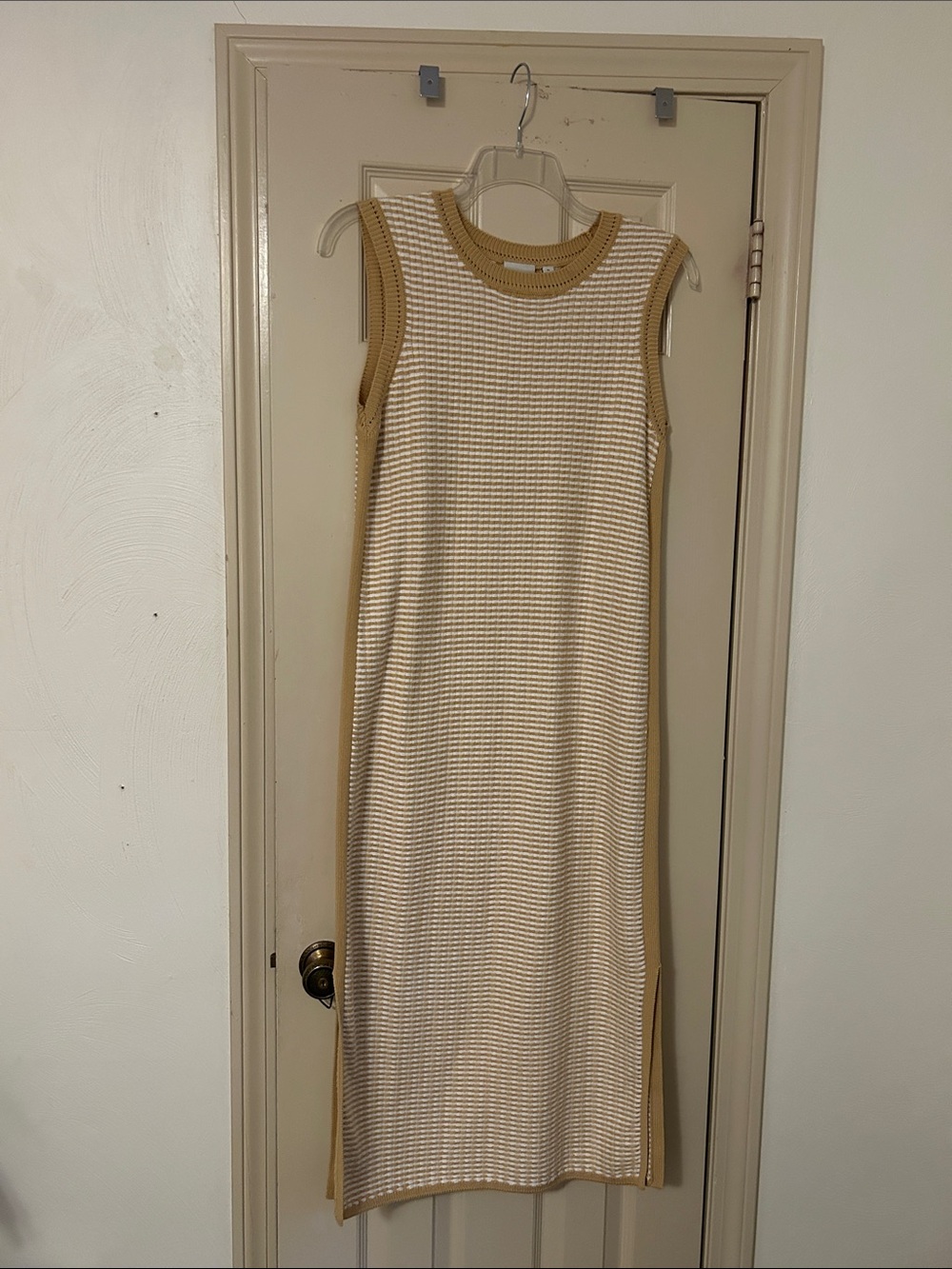 Varley Sleeveless Knit Midi Dress in Cream and Tan Trim